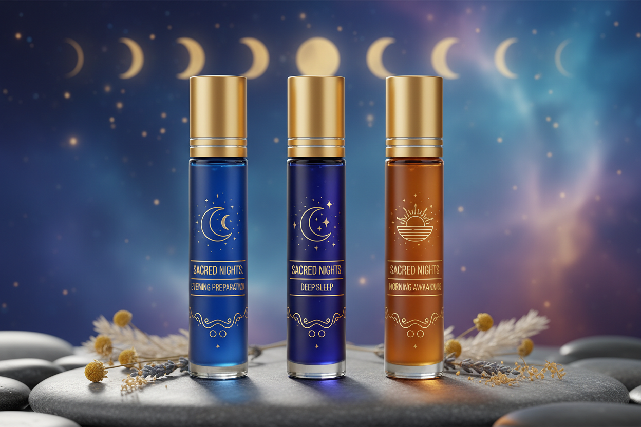Bild mit drei Öl Rollern passend zu den Phasen der Sacred Nights, zum auftragen und riechen und nutzen. 