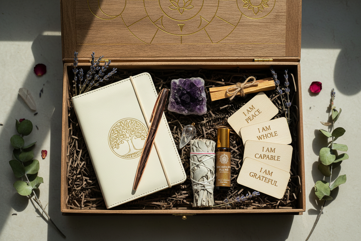 Ein wunderschönes Set, mit Heilstein, Notizbuch, Stift, Magischen Tools, Öl Roller, Affirmationskarten aus Holz und alles in einer gesegneten verpackung - 