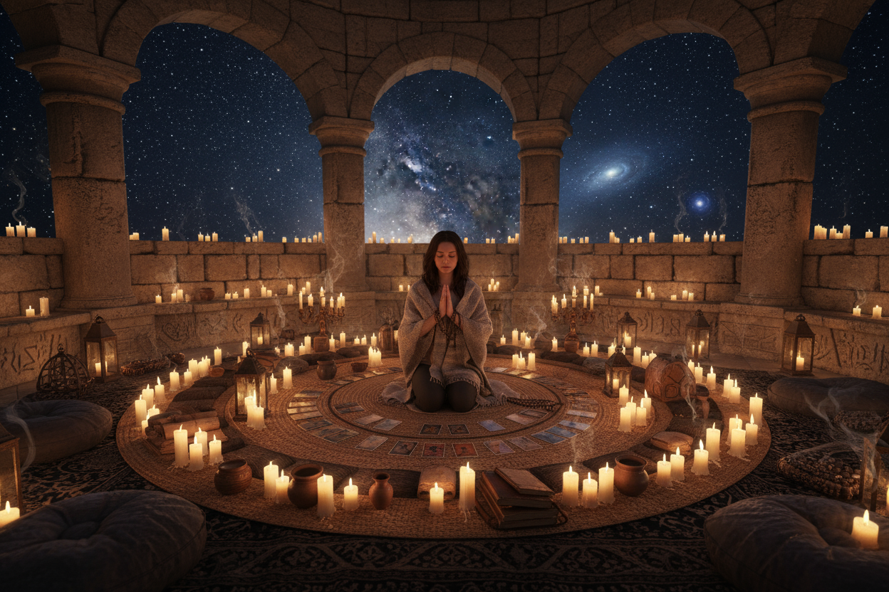 Eine Frau kniet in einem dunklen Tempel der von Kerzen beleuchtet ist. Sie scheint in einem Ritual zu sein, Karten, Journals, Beten, Meditation finden statt. Der Tempel ist rund und erinnert an eine längst vergangene Zeit. Es sind keine Fenster drin, sondern Öffnungen nach draußen, sodass man den mystischen Nachthimmel sieht. Die Atmosphäre ist zwar dunkel, aber gemütlich, umsorgend, liebevoll, mystisch und ganz im Zeichen der Innenschau 