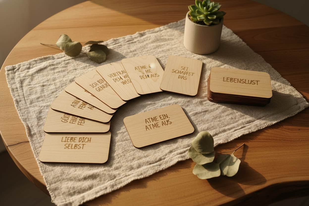 Erstelle mehrere Bilder passend zum Text: Bring täglich positive Energie in dein Leben mit unseren wunderschönen Affirmationskarten aus Holz. Jede Karte ist mit inspirierenden Sprüchen gelasert und besteht aus reiner, unbehandelter Natur. Wähle dein perfektes Set – ob 6, 12 oder 24 Karten – und nutze sie als tägliche Begleiter für deine persönliche Transformation.&nbsp;

Du möchtest etwas ganz Besonderes? Lass dein Set channeln und erhalte eine individuell auf dich abgestimmte Zusammenstellung. Kombiniere d