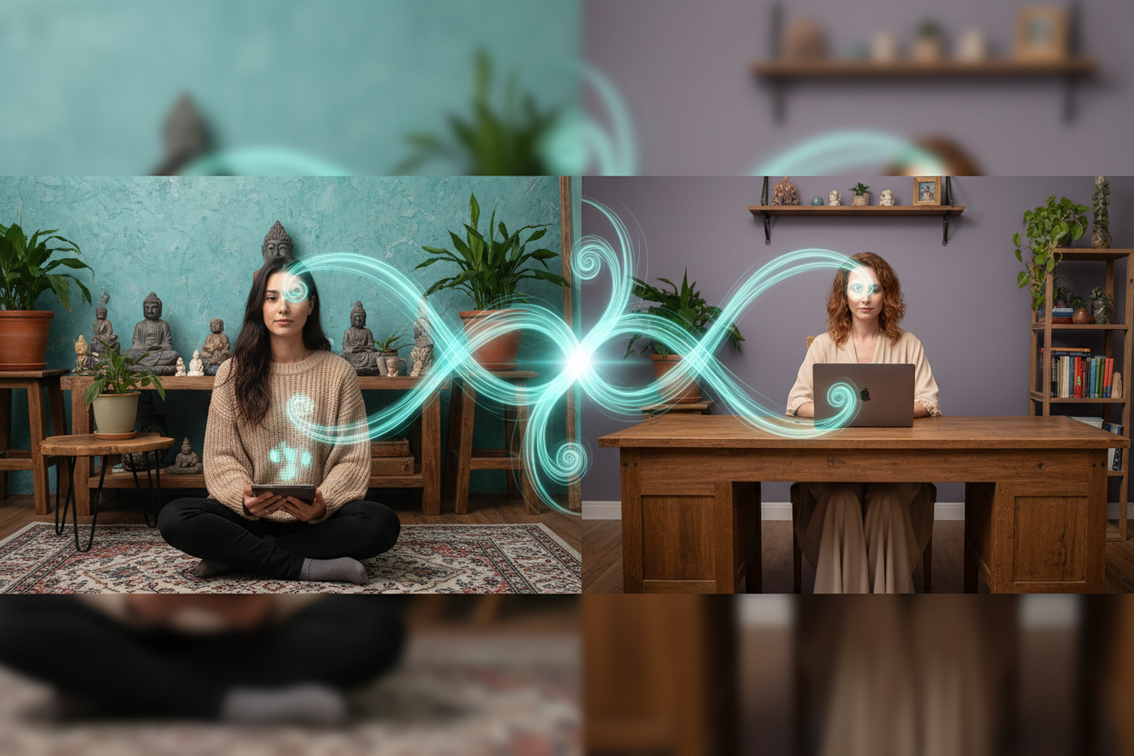 Freuqency Alignment Call - eine mystische Szene, zwei Damen sitzen jeweils in ihren Wohnungen / Häusern vor dem PC - sie haben einen Videocall - man sieht sie von der Seite. Aber man sieht auch das Frequenz auch so übetragen wird. Es ist eine friedliche, beruhigende und inspirierende Szene. Die Frequenz ist um alles herum - nicht nur Sprache - Energie ist auch dabei.