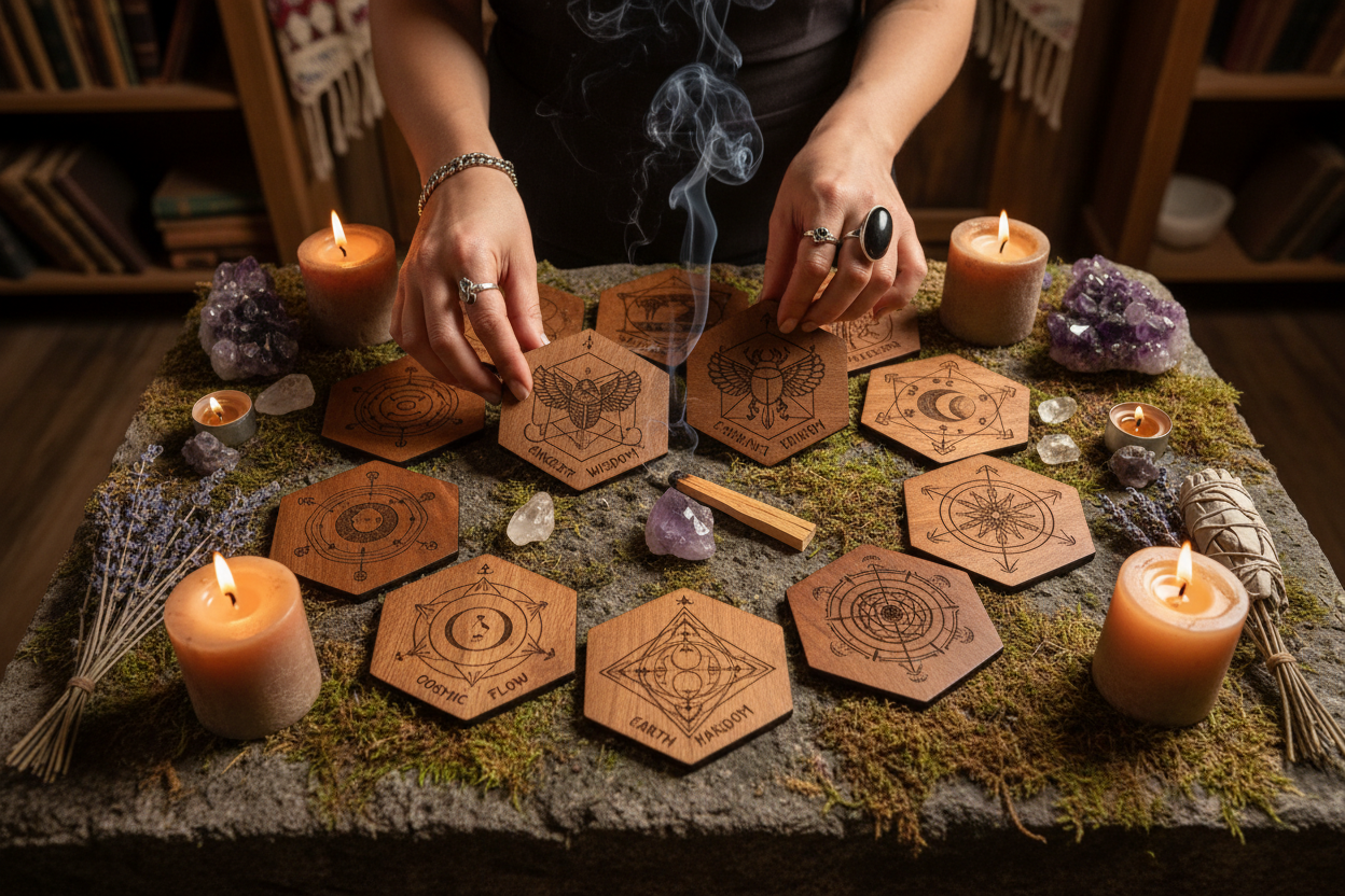 Generiere mir ein authentisches Bild von 12 Affirmationskarten aus Holz mit gelaserter Schrift. Astrologisch, mystisch, Lemurisch, Atlantisch. Die Stimmung ist geerdeter Luxus. Die Holzkartenform ist 6 Eckig. Zeig sie in einer Szene, in der sie jemand gerade für ein Ritual benutzt. 