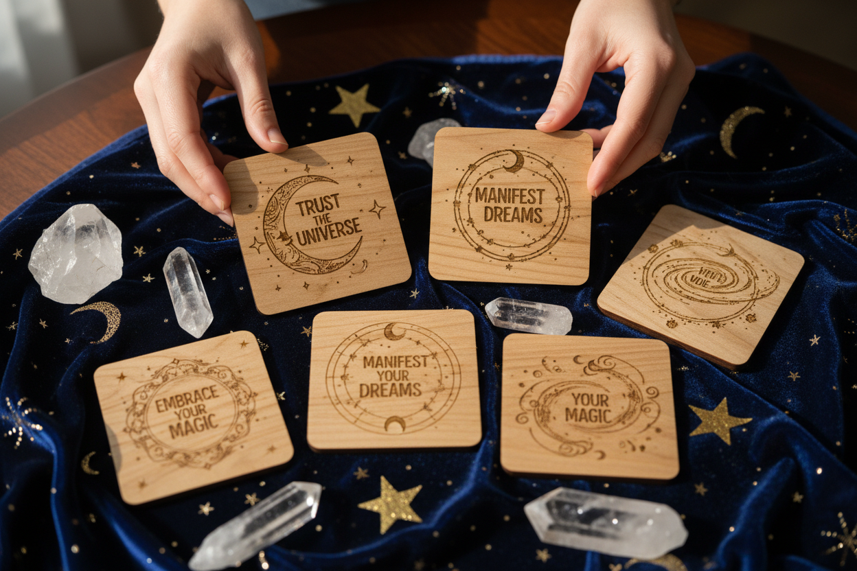 Generiere mir ein Bild von 6 Affiramtionskarten in quadratischer Form - die Stimmung ist geerdeter Luxus, magisch, mystisch, universum - Sterne - die Karten werden von jemandem Betrachtet oder gerade ausgepackt. Die Karten sind aus Holz mit gelaserten Sprüchen 