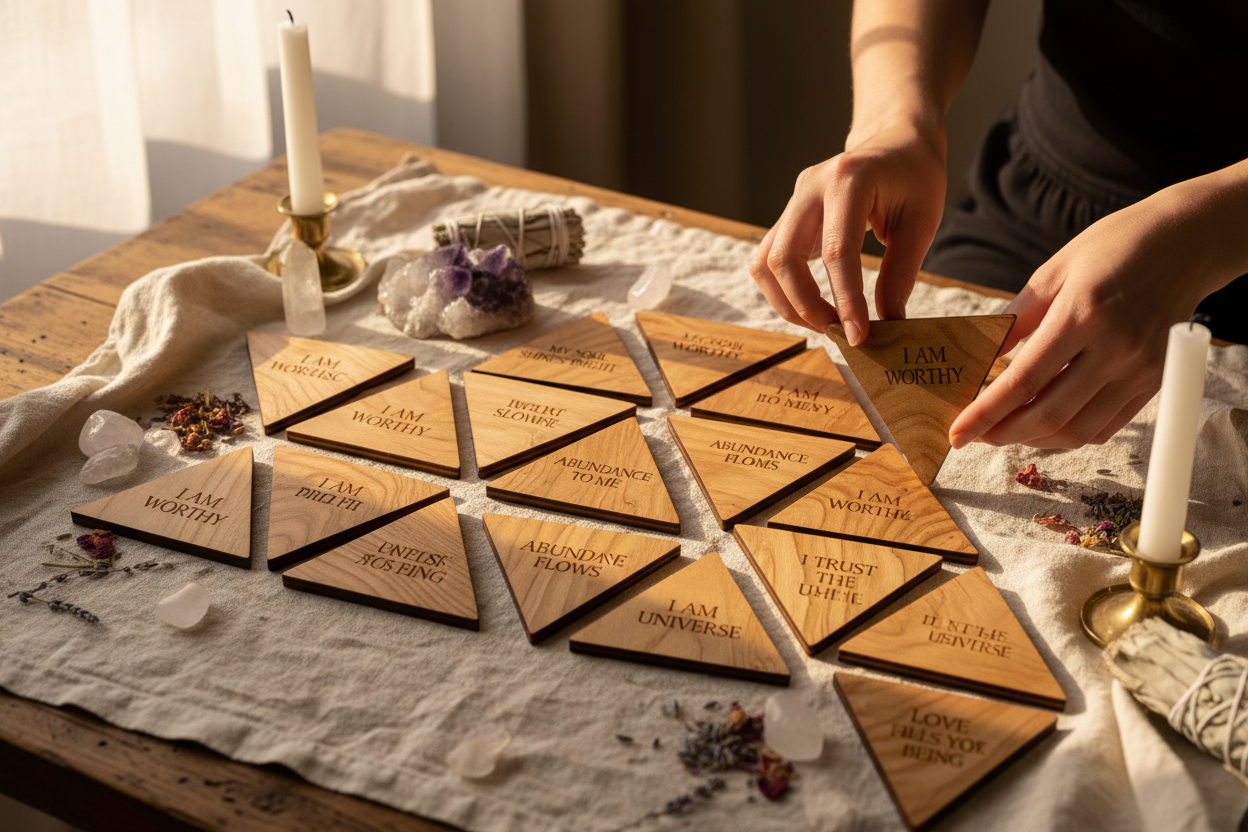 Generiere mir ein Kartenset aus Holz - 24 Karten in Form eines Dreiecks - aus Holz. Es sind Affirmationskarten. Setze sie in Szene, mit einer Person, die sie auch nutzt. geerdeter Luxus, magische und mystische Energie