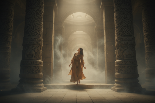 heiliger Tempel mit Frau, die barfuß und neugierig eintritt. Eine mystische Atmosphäre